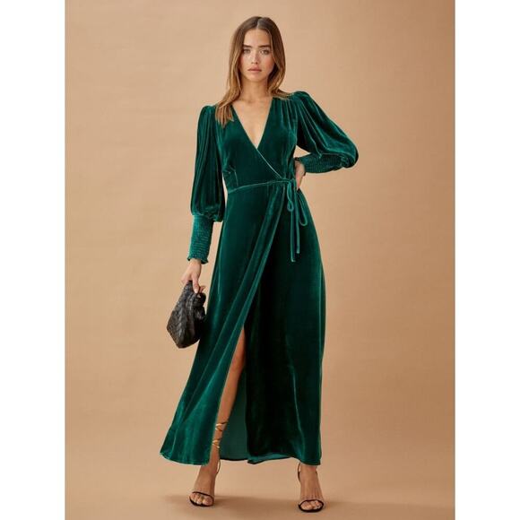 Reformation Mandi Dress Emerald Green Long Sleeve Velvet Wrap Maxi Holiday Sz S - Picture 1 of 6